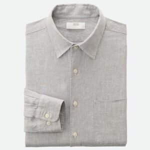 UNIQLO Premium 100% French Linen Button Up Shirt Light Gray Size XL